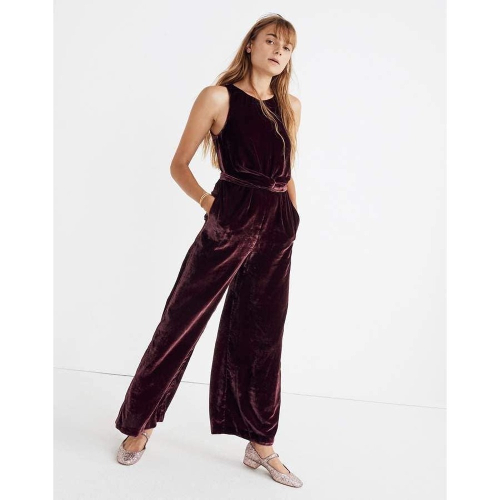 Madewell Jumpsuit Velvet Twist-Front Burgundy